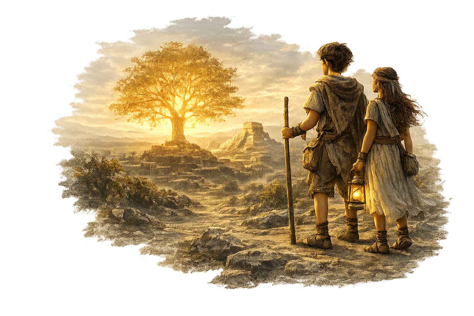 Youth looking toward a glowing tree on their journey